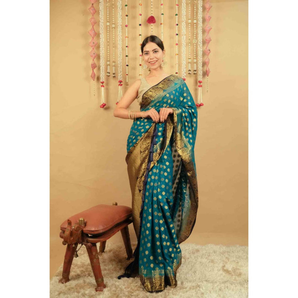 Isadora Life Womens Woven Tassels Blue Pre-Draped Saree With Unstitched Blouse