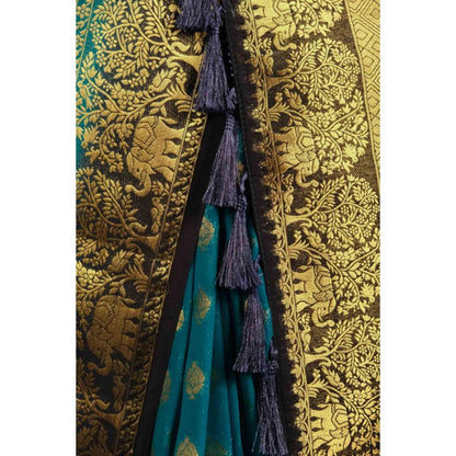 Isadora Life Womens Woven Tassels Blue Pre-Draped Saree With Unstitched Blouse
