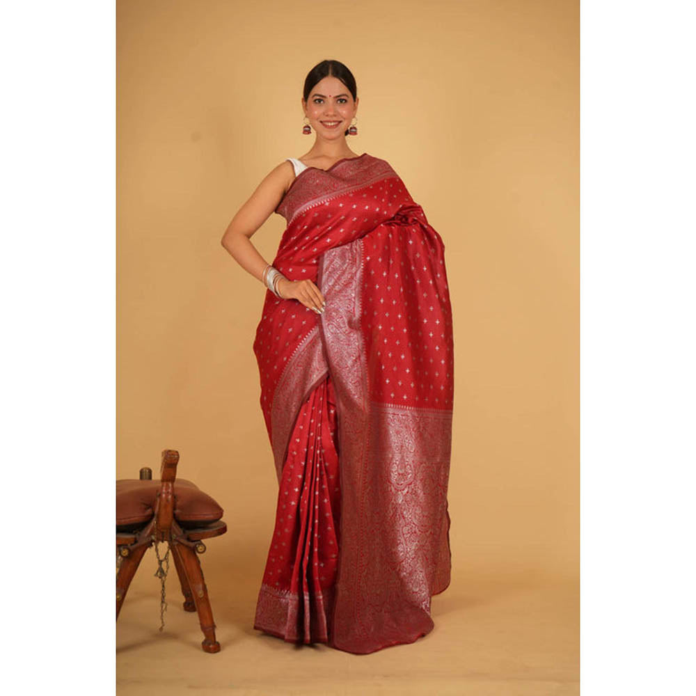 Isadora Life Womens Zari Printed Red Pre-Draped Saree With Unstitched Blouse