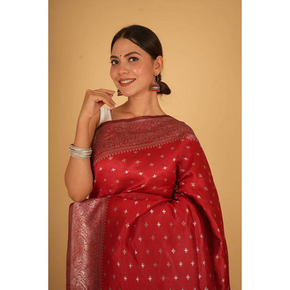 Isadora Life Womens Zari Printed Red Pre-Draped Saree With Unstitched Blouse