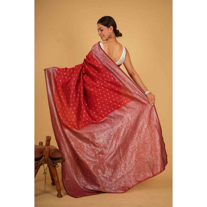 Isadora Life Womens Zari Printed Red Pre-Draped Saree With Unstitched Blouse