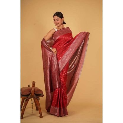 Isadora Life Womens Zari Printed Red Pre-Draped Saree With Unstitched Blouse