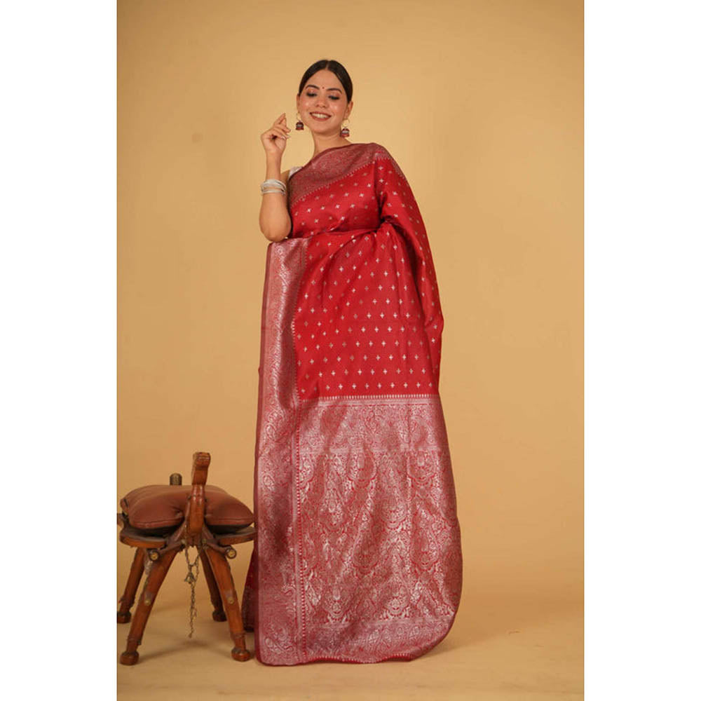 Isadora Life Womens Zari Printed Red Pre-Draped Saree With Unstitched Blouse