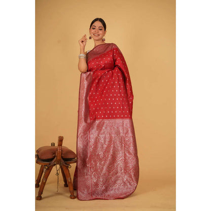 Isadora Life Womens Zari Printed Red Pre-Draped Saree With Unstitched Blouse