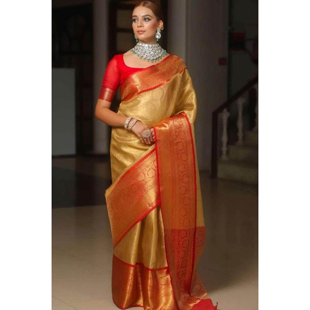 Isadora Life Womens Woven Zari Gold Pre-Draped Saree With Unstitched Blouse