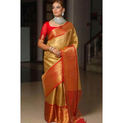 Isadora Life Womens Woven Zari Gold Pre-Draped Saree With Unstitched Blouse