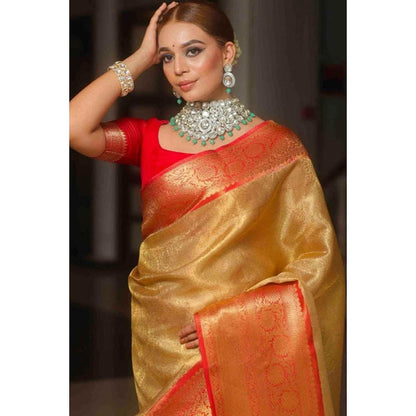 Isadora Life Womens Woven Zari Gold Pre-Draped Saree With Unstitched Blouse