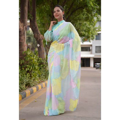 Isadora Life Womens Printed Multi-Color Pre-Draped Saree With Unstitched Blouse