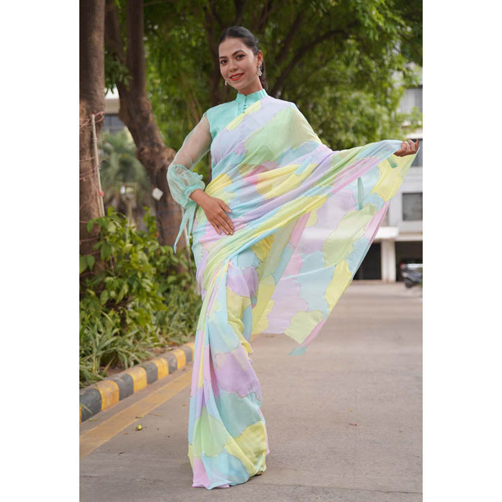 Isadora Life Womens Printed Multi-Color Pre-Draped Saree With Unstitched Blouse