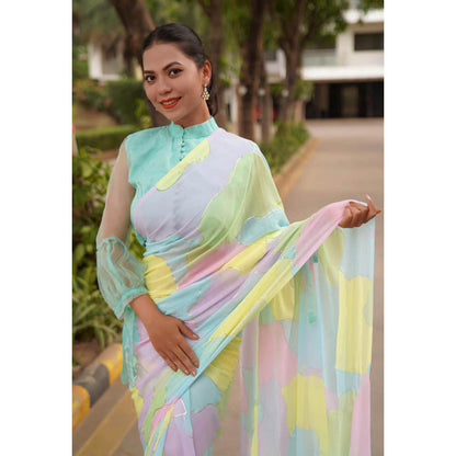 Isadora Life Womens Printed Multi-Color Pre-Draped Saree With Unstitched Blouse