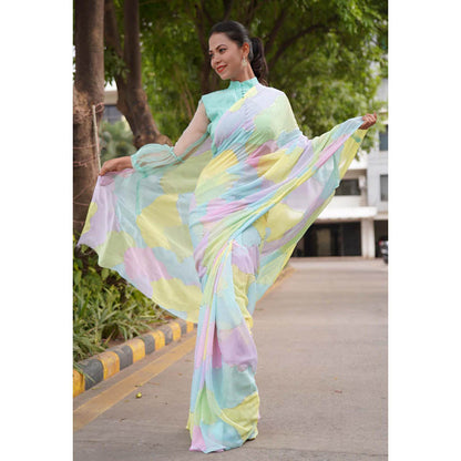 Isadora Life Womens Printed Multi-Color Pre-Draped Saree With Unstitched Blouse