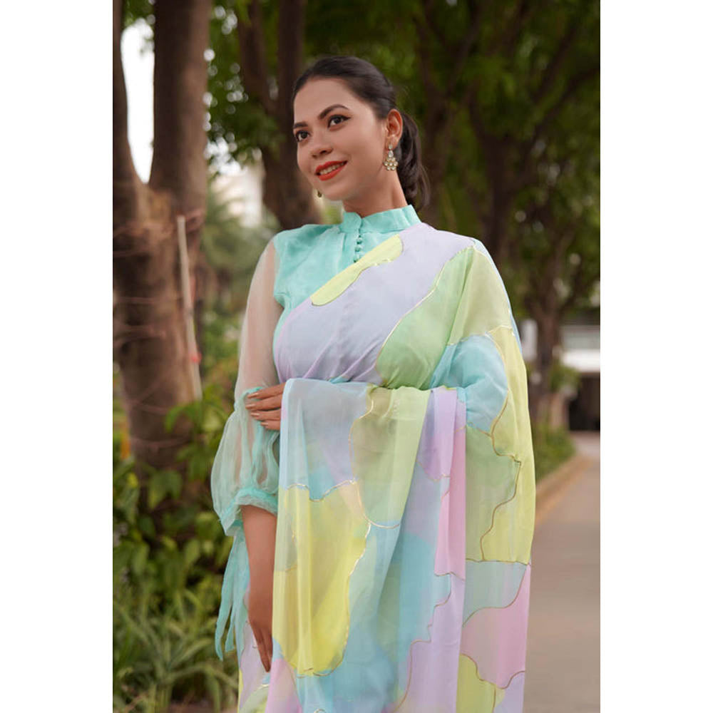 Isadora Life Womens Printed Multi-Color Pre-Draped Saree With Unstitched Blouse