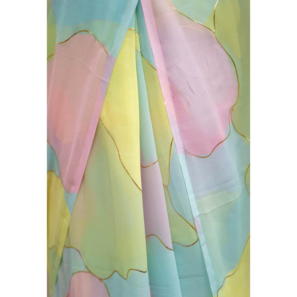 Isadora Life Womens Printed Multi-Color Pre-Draped Saree With Unstitched Blouse