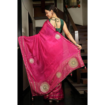 Isadora Life Womens Embroidered Gota Pink Pre-Draped Saree With Unstitched Blouse