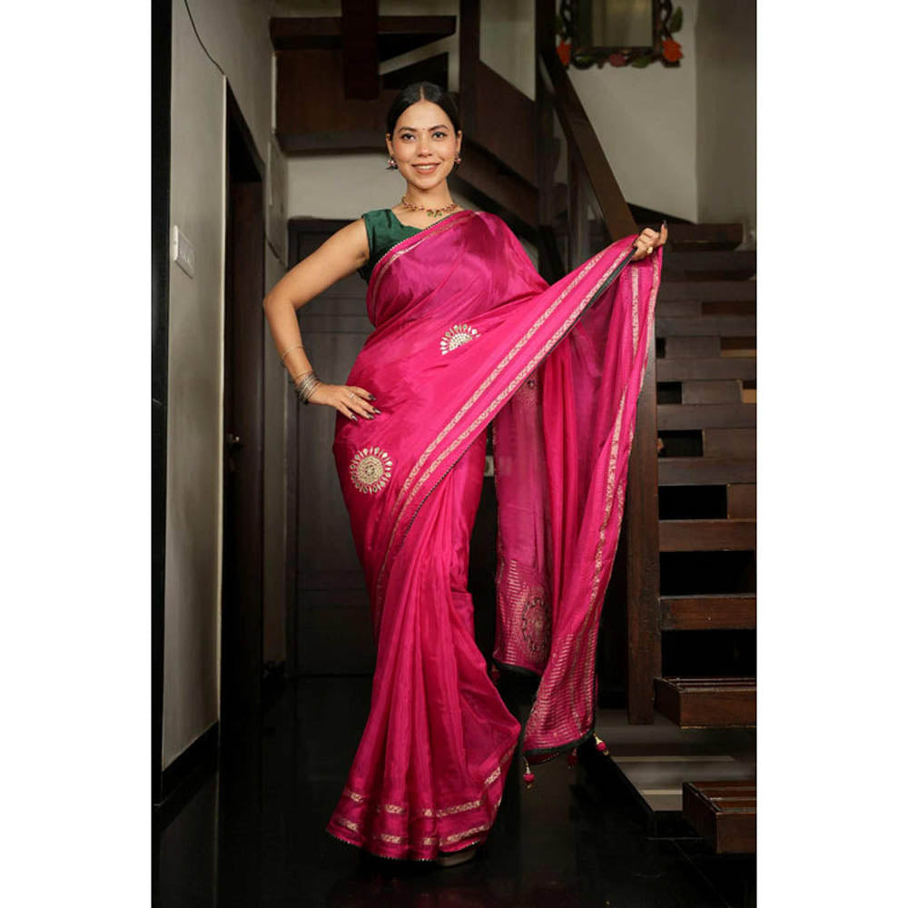 Isadora Life Womens Embroidered Gota Pink Pre-Draped Saree With Unstitched Blouse
