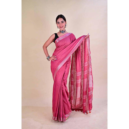 Isadora Life Womens Woven Tassels Pink Pre-Draped Saree With Unstitched Blouse