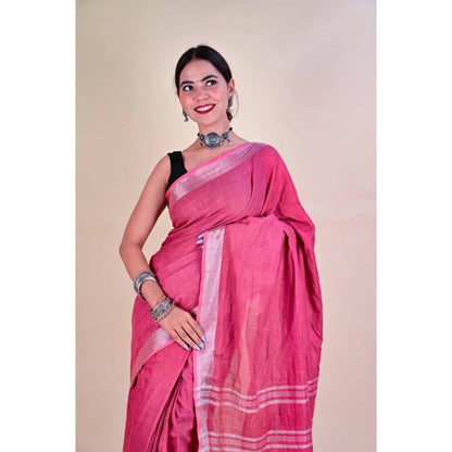 Isadora Life Womens Woven Tassels Pink Pre-Draped Saree With Unstitched Blouse