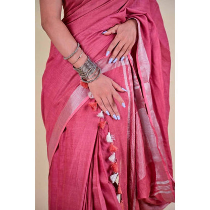 Isadora Life Womens Woven Tassels Pink Pre-Draped Saree With Unstitched Blouse