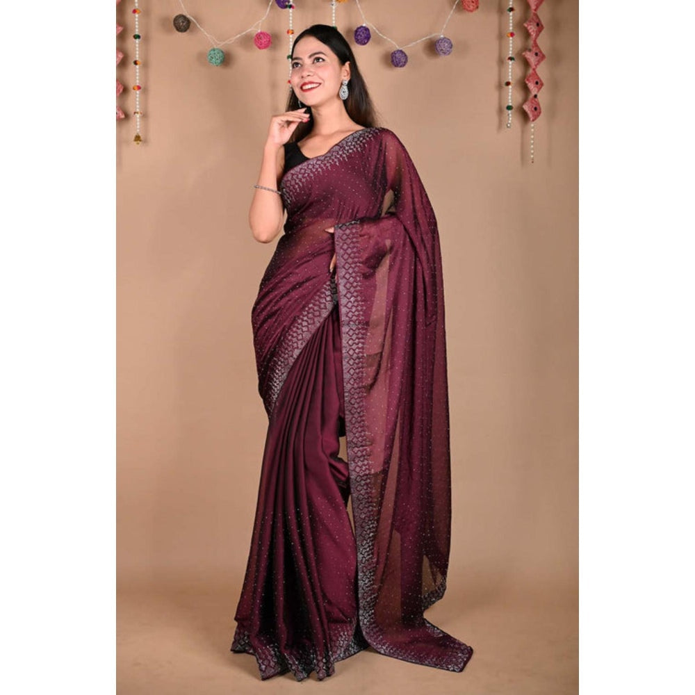 Isadora Life Womens Sequined Wine Pre-Draped Saree With Unstitched Blouse
