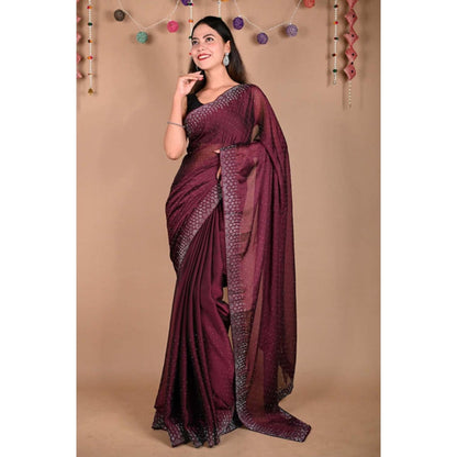 Isadora Life Womens Sequined Wine Pre-Draped Saree With Unstitched Blouse