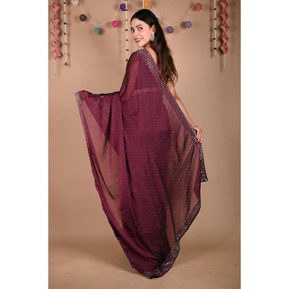 Isadora Life Womens Sequined Wine Pre-Draped Saree With Unstitched Blouse