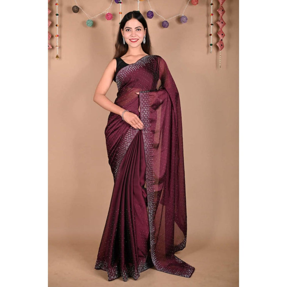 Isadora Life Womens Sequined Wine Pre-Draped Saree With Unstitched Blouse
