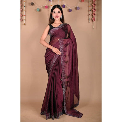 Isadora Life Womens Sequined Wine Pre-Draped Saree With Unstitched Blouse