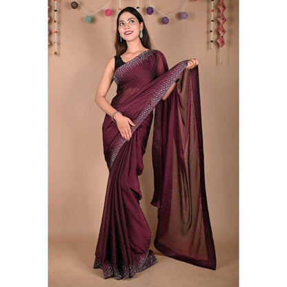 Isadora Life Womens Sequined Wine Pre-Draped Saree With Unstitched Blouse