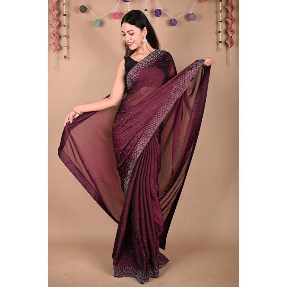 Isadora Life Womens Sequined Wine Pre-Draped Saree With Unstitched Blouse