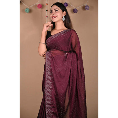Isadora Life Womens Sequined Wine Pre-Draped Saree With Unstitched Blouse