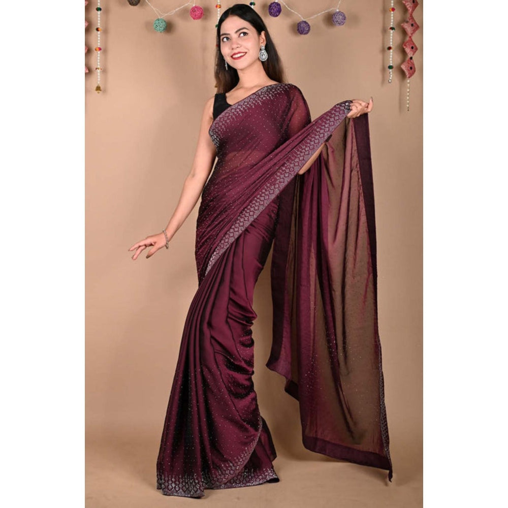 Isadora Life Womens Sequined Wine Pre-Draped Saree With Unstitched Blouse