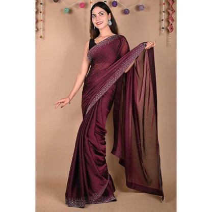 Isadora Life Womens Sequined Wine Pre-Draped Saree With Unstitched Blouse