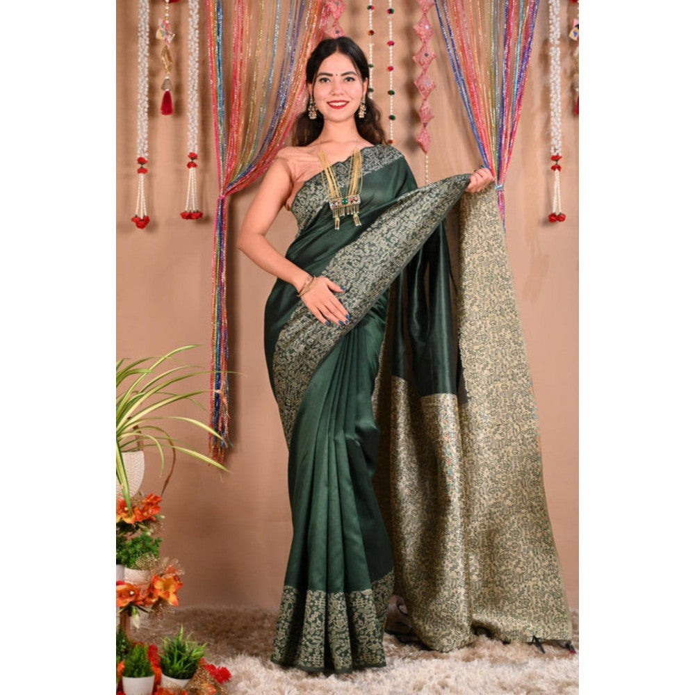 Isadora Life Womens Printed Tassels Green Pre-Draped Saree With Unstitched Blouse