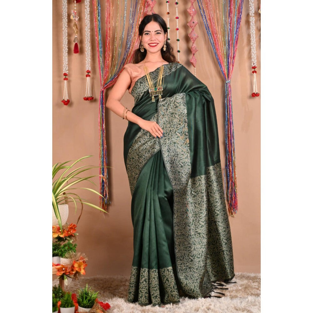 Isadora Life Womens Printed Tassels Green Pre-Draped Saree With Unstitched Blouse