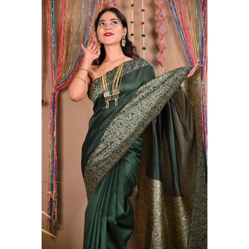 Isadora Life Womens Printed Tassels Green Pre-Draped Saree With Unstitched Blouse