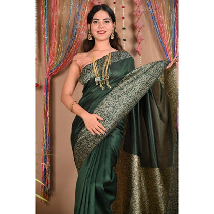Isadora Life Womens Printed Tassels Green Pre-Draped Saree With Unstitched Blouse