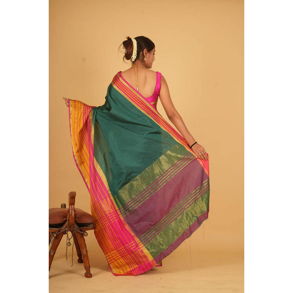 Isadora Life Womens Printed Stripes Green Pre-Draped Saree With Unstitched Blouse