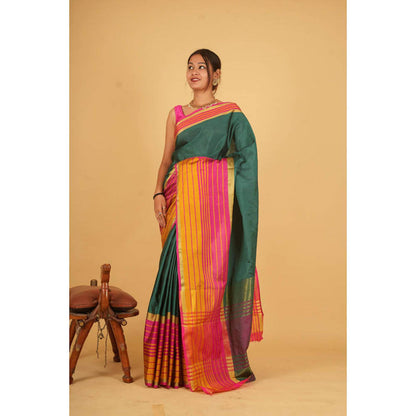 Isadora Life Womens Printed Stripes Green Pre-Draped Saree With Unstitched Blouse