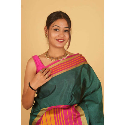 Isadora Life Womens Printed Stripes Green Pre-Draped Saree With Unstitched Blouse