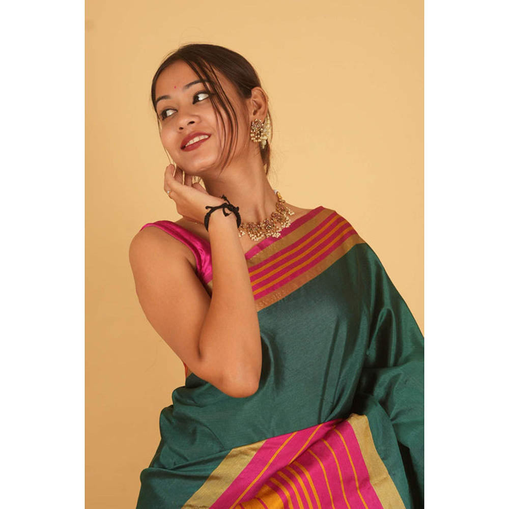 Isadora Life Womens Printed Stripes Green Pre-Draped Saree With Unstitched Blouse