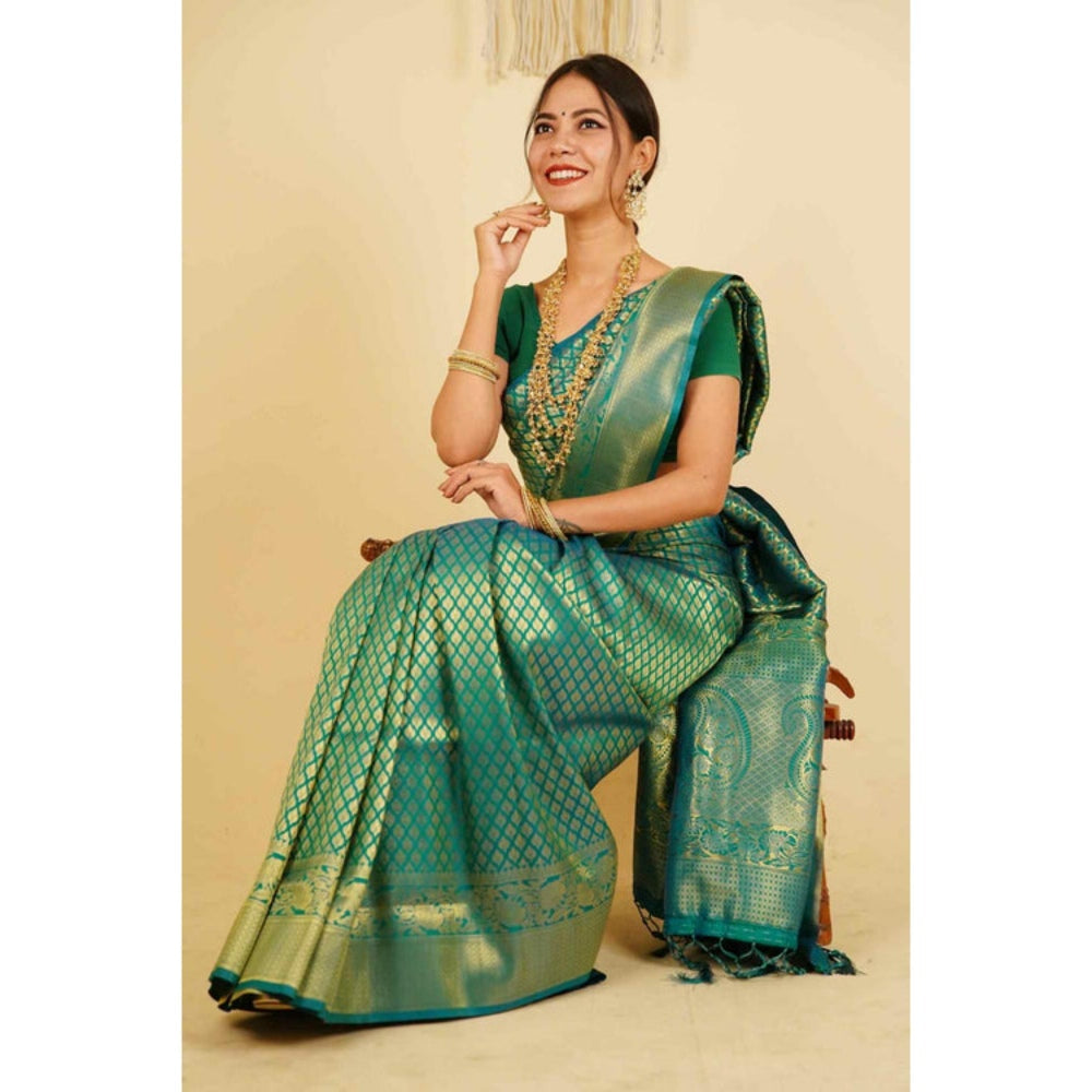 Isadora Life Womens Woven Tassels Green Pre-Draped Saree With Unstitched Blouse
