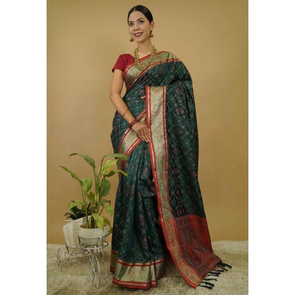 Isadora Life Womens Printed Tassels Green Pre-Draped Saree With Unstitched Blouse