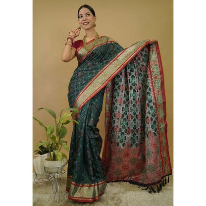 Isadora Life Womens Printed Tassels Green Pre-Draped Saree With Unstitched Blouse