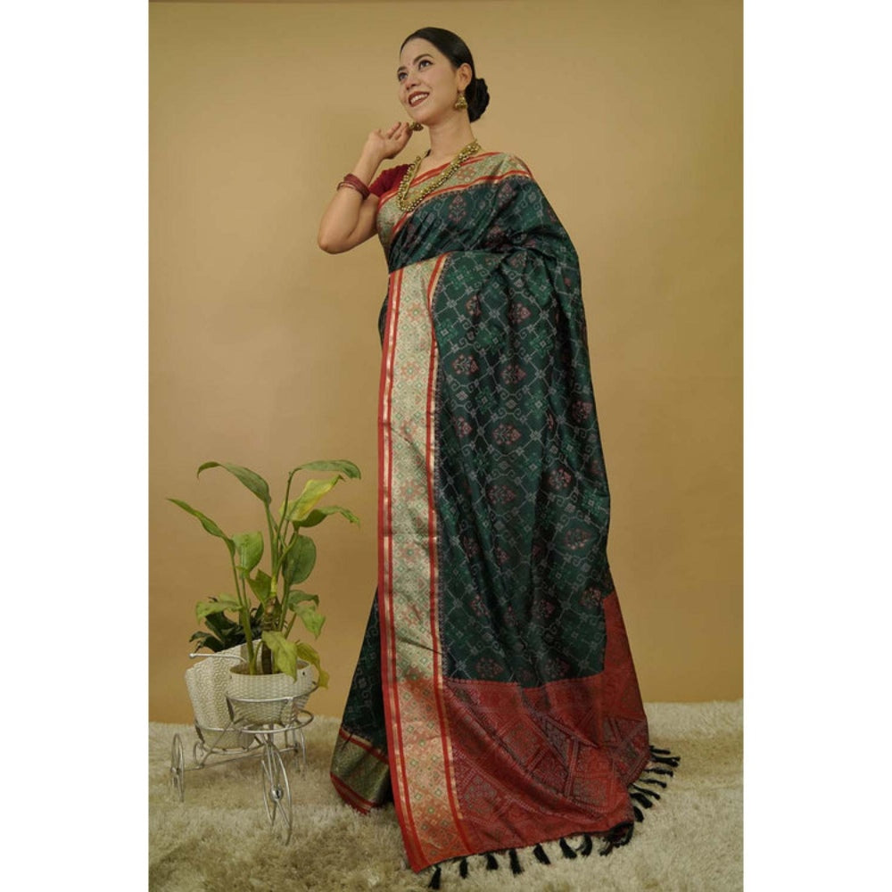 Isadora Life Womens Printed Tassels Green Pre-Draped Saree With Unstitched Blouse