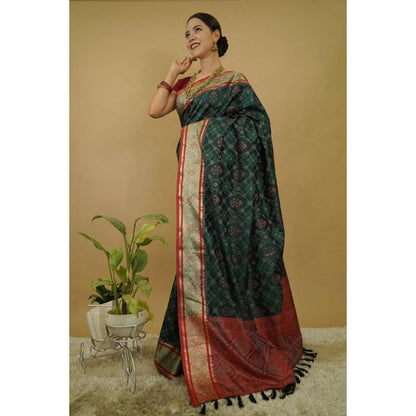 Isadora Life Womens Printed Tassels Green Pre-Draped Saree With Unstitched Blouse