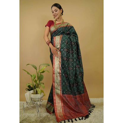 Isadora Life Womens Printed Tassels Green Pre-Draped Saree With Unstitched Blouse