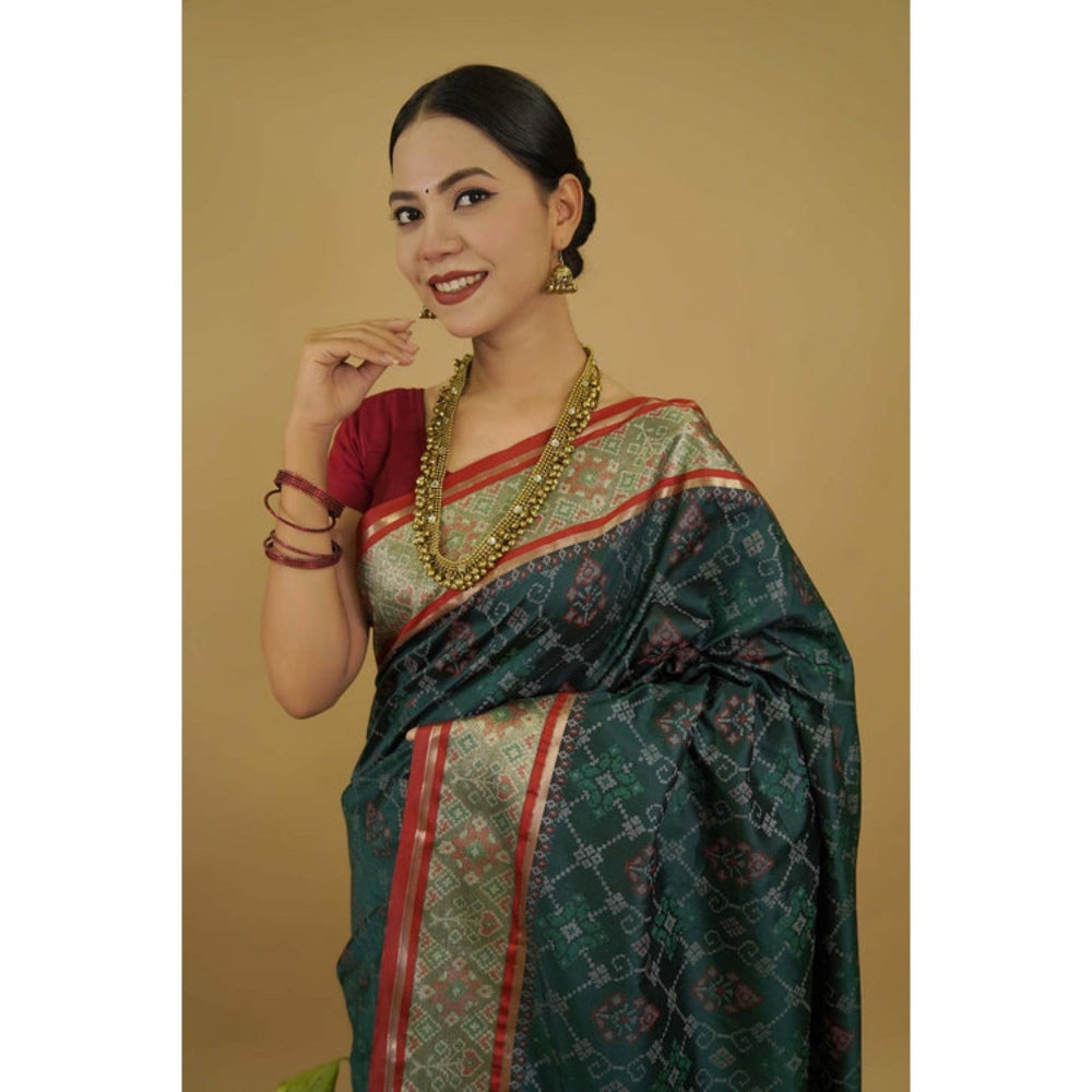 Isadora Life Womens Printed Tassels Green Pre-Draped Saree With Unstitched Blouse