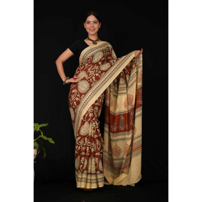Isadora Life Womens Block Print Maroon Pre-Draped Saree With Unstitched Blouse