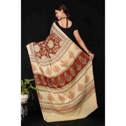 Isadora Life Womens Block Print Maroon Pre-Draped Saree With Unstitched Blouse