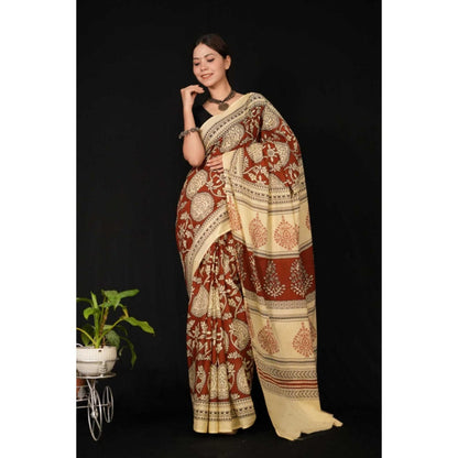 Isadora Life Womens Block Print Maroon Pre-Draped Saree With Unstitched Blouse